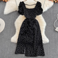 Holiday beach dress with open back, super fairy square collar, slim fit, puff sleeves, slit polka dot dress R0346
