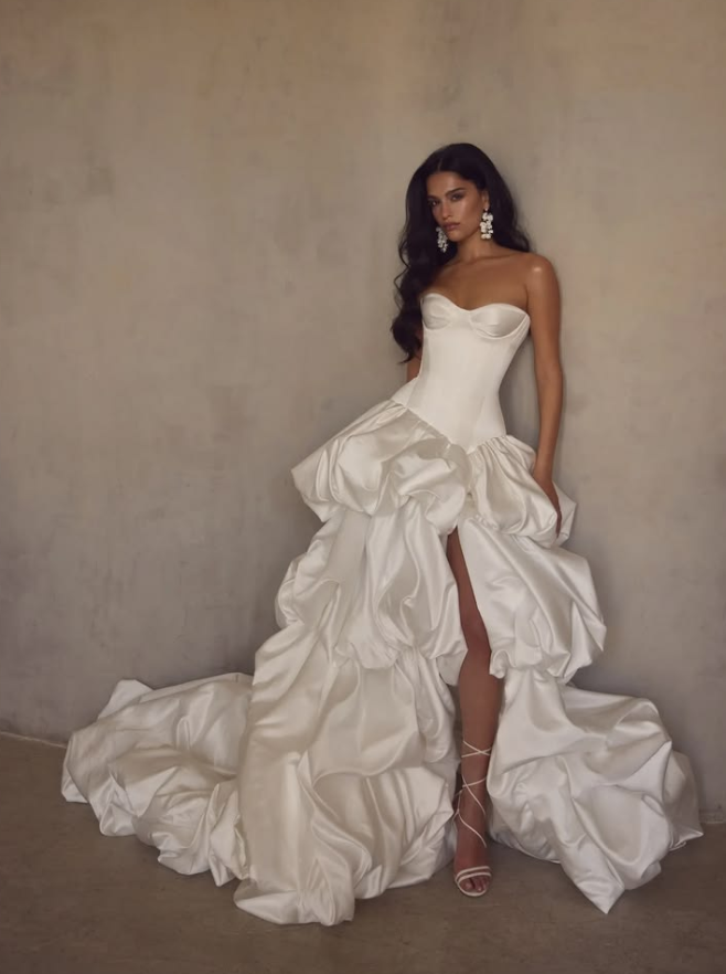 Sparkly White A-Line Strapless Satin Puffy Pleated Corset Maxi Wedding Dress RS2014