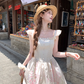 Pink long square neck waist A-line suspender dress women's summer French retro skirt R4740