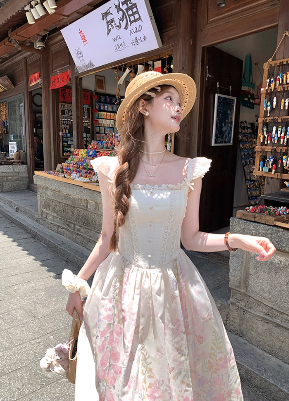 Pink long square neck waist A-line suspender dress women's summer French retro skirt R4740