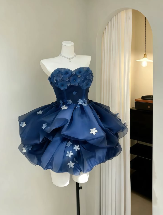 Satin Puffy Applique Corset Homecoming Dress , Charming Navy Short Prom Dress RS2020