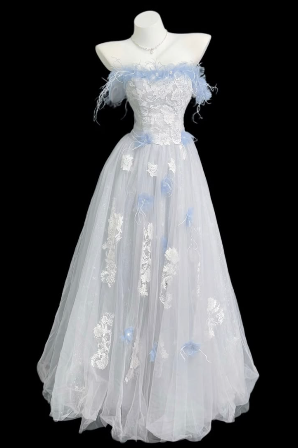 Embroidered Tulle Flowy Corset Prom Gown ,Gentle White Maxi Evening Dress RS2050
