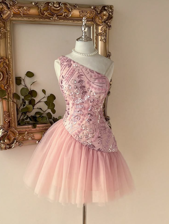 Embroidered Tulle Sequins Corset Homecoming Dress , Sparkly Pink Mini Birthday Dress RS2022