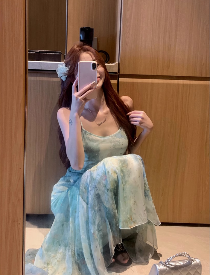 Blending fishtail skirt waist slimming princess holiday suspender dress long skirt R1737