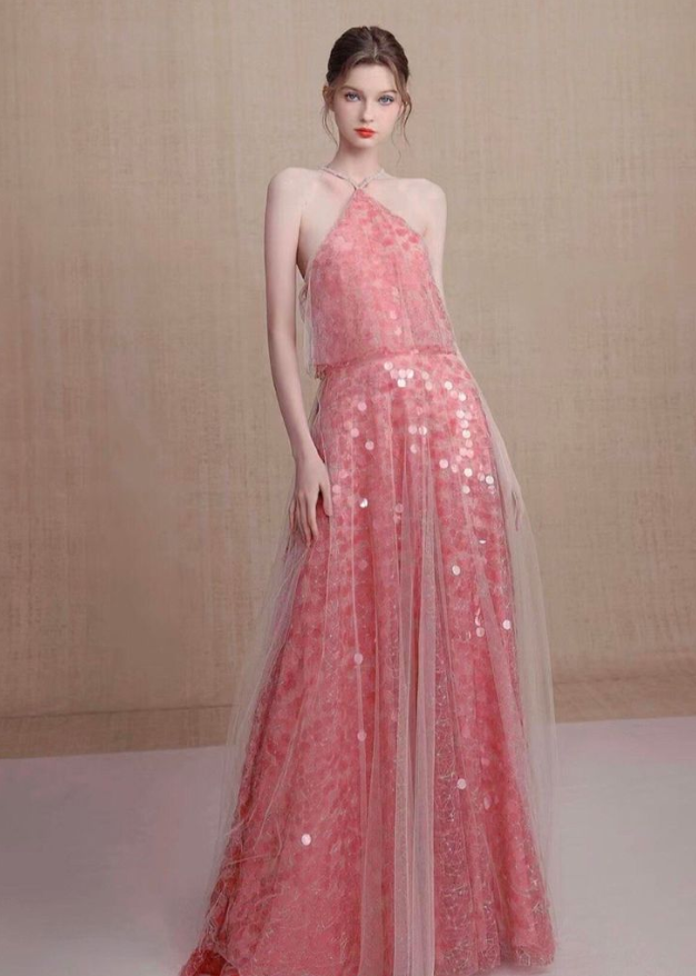 Glitter Sleeveless Halter Corset Prom Gown ,Stunning Red Maxi Evening Dress RS2055