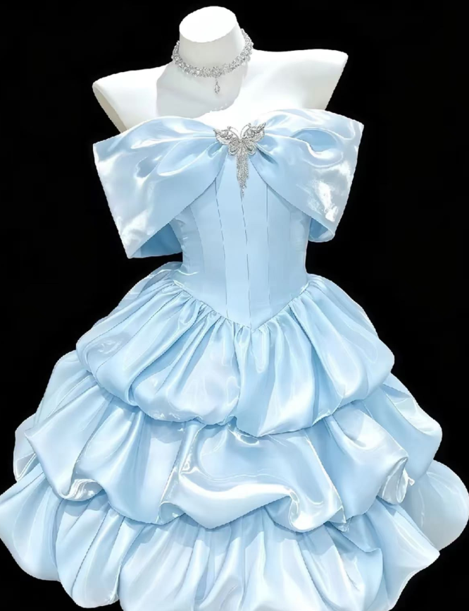 Ruffled Satin Silky Corset Homecoming Dress , Sparkly Blue Short Prom Dress RS2088