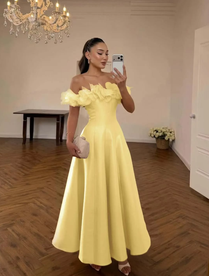 Silky Sleeveless Satin Corset Prom Gown ,Vibrant Yellow Maxi Evening Dress RS2058