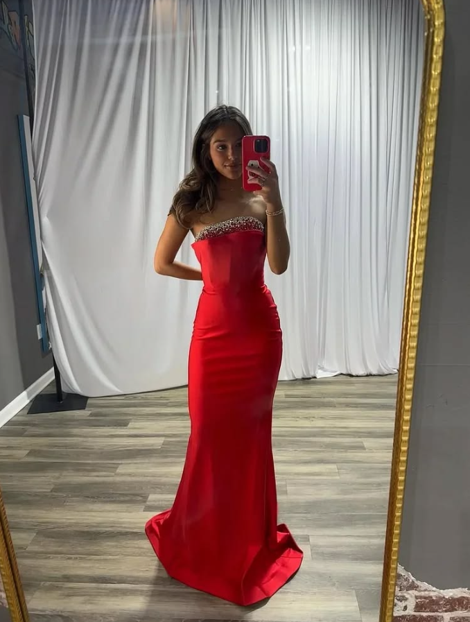Beaded Sleeveless Silky Corset Prom Gown ,Vibrant Red Maxi Evening Dress RS2059