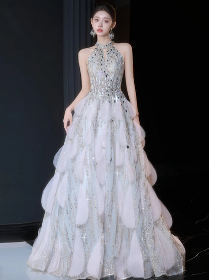 Sequins Sleeveless Tulle Corset Prom Gown ,Sparkly Ivory Maxi Evening Dress RS2062