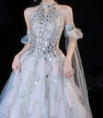 Sequins Sleeveless Tulle Corset Prom Gown ,Sparkly Ivory Maxi Evening Dress RS2062