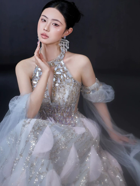 Sequins Sleeveless Tulle Corset Prom Gown ,Sparkly Ivory Maxi Evening Dress RS2062