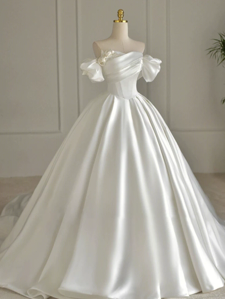 Puffy White A-Line Strapless Satin Hazy Corset Maxi Wedding Dress RS2063