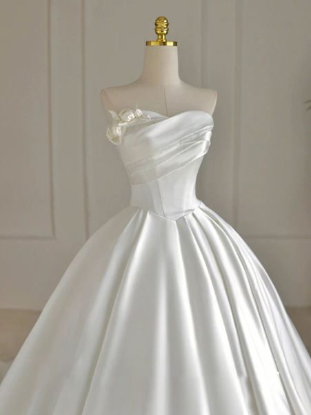 Puffy White A-Line Strapless Satin Hazy Corset Maxi Wedding Dress RS2063