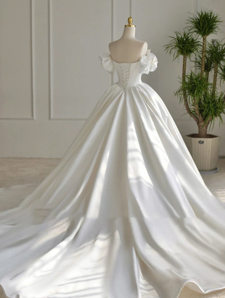 Puffy White A-Line Strapless Satin Hazy Corset Maxi Wedding Dress RS2063