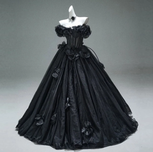 Puffy Sleeveless Pleated Corset Prom Gown ,Hazy Black Maxi Evening Dress RS2065