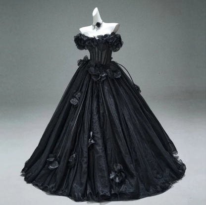 Puffy Sleeveless Pleated Corset Prom Gown ,Hazy Black Maxi Evening Dress RS2065