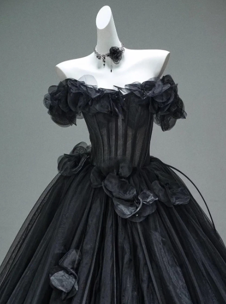 Puffy Sleeveless Pleated Corset Prom Gown ,Hazy Black Maxi Evening Dress RS2065