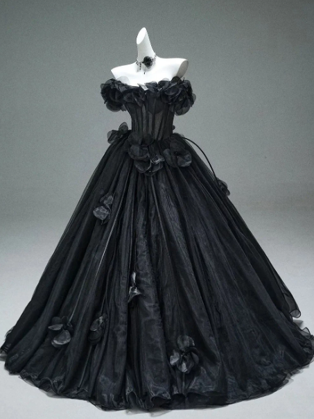 Puffy Sleeveless Pleated Corset Prom Gown ,Hazy Black Maxi Evening Dress RS2065