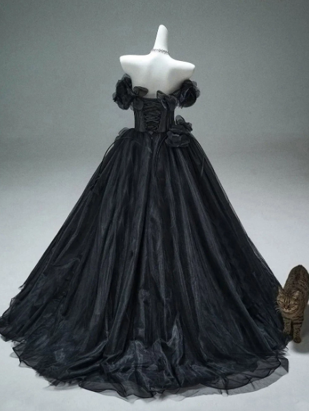Puffy Sleeveless Pleated Corset Prom Gown ,Hazy Black Maxi Evening Dress RS2065