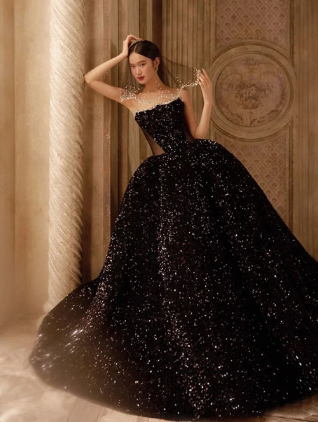 Sequins Sleeveless Glitter Corset Prom Gown ,Sparkly Black Maxi Evening Dress RS2067