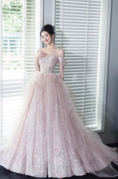 Sequins Sleeveless Glitter Corset Prom Gown ,Sparkly Pink Maxi Evening Dress Ball Gown RS2068