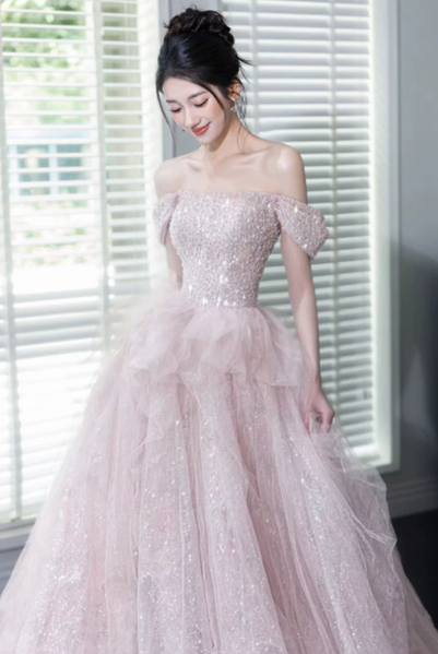 Sequins Sleeveless Glitter Corset Prom Gown ,Sparkly Pink Maxi Evening Dress Ball Gown RS2068