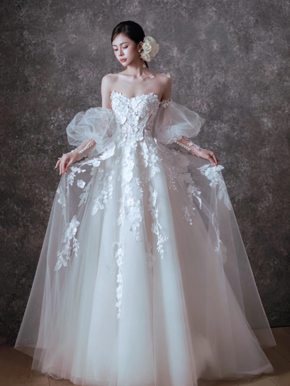 Puffy White A-Line Strapless Tulle Embroidered Hazy Corset Maxi Wedding Dress RS2064
