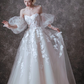Puffy White A-Line Strapless Tulle Embroidered Hazy Corset Maxi Wedding Dress RS2064