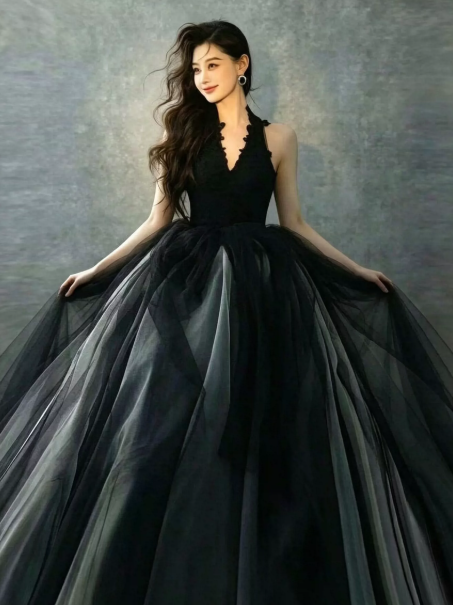 Halter Sleeveless Tulle Corset Prom Gown ,Hazy Black Maxi Evening Dress Ball Gown RS2070