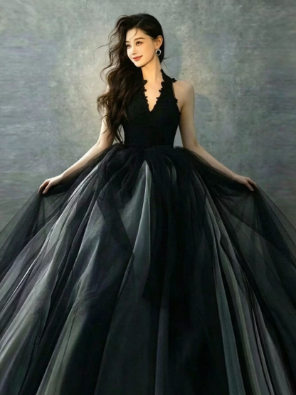 Halter Sleeveless Tulle Corset Prom Gown ,Hazy Black Maxi Evening Dress Ball Gown RS2070