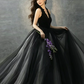 Halter Sleeveless Tulle Corset Prom Gown ,Hazy Black Maxi Evening Dress Ball Gown RS2070