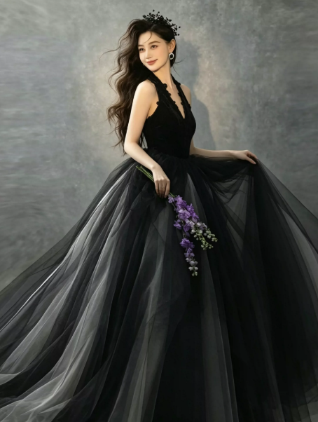 Halter Sleeveless Tulle Corset Prom Gown ,Hazy Black Maxi Evening Dress Ball Gown RS2070