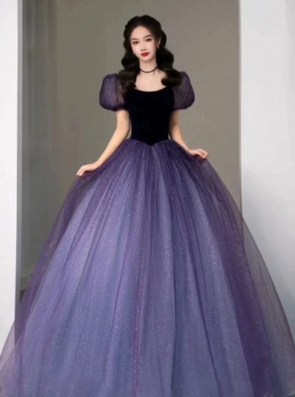 Puff Sleeves Tulle Corset Prom Gown ,Dreamy Purple Maxi Evening Dress Ball Gown RS2072