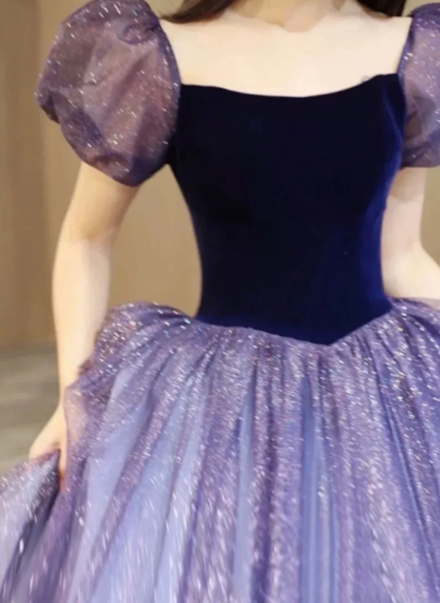 Puff Sleeves Tulle Corset Prom Gown ,Dreamy Purple Maxi Evening Dress Ball Gown RS2072