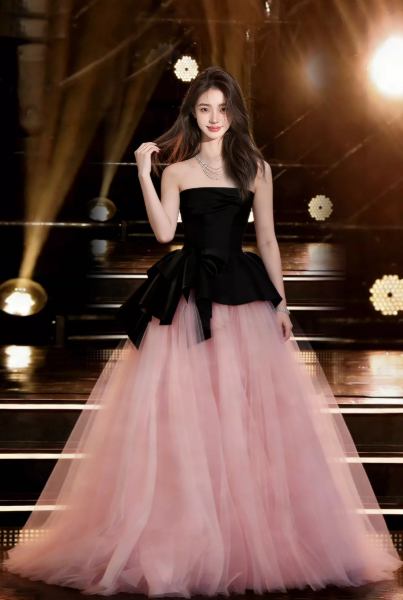 Puffy Sleeveless Tulle Corset Prom Gown ,Dreamy Black-pink Maxi Evening Dress Ball Gown RS2073
