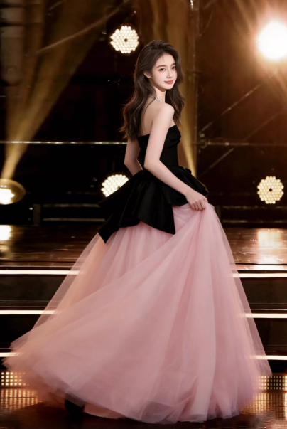 Puffy Sleeveless Tulle Corset Prom Gown ,Dreamy Black-pink Maxi Evening Dress Ball Gown RS2073