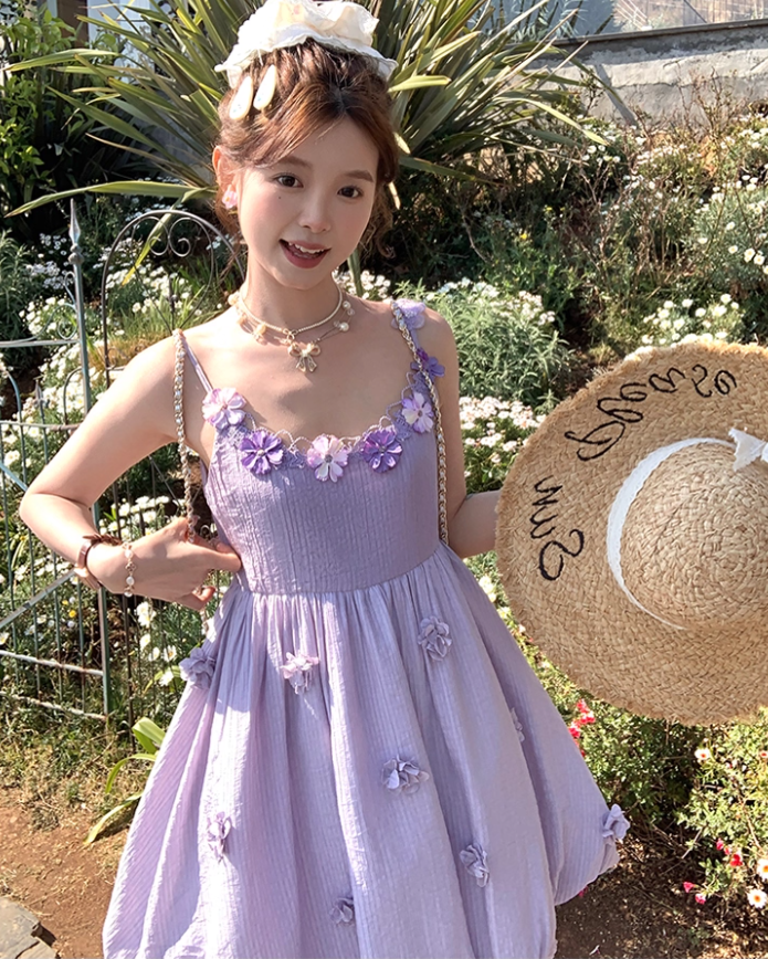 Purple mid-length waist suspender dress French style slim skirt R4989