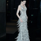 Sleeveless Tassel Decor Corset Prom Gown ,Sparkly Sliver Maxi Cocktail Dress Party Dress RS2075