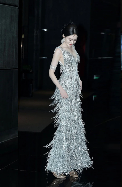 Sleeveless Tassel Decor Corset Prom Gown ,Sparkly Sliver Maxi Cocktail Dress Party Dress RS2075