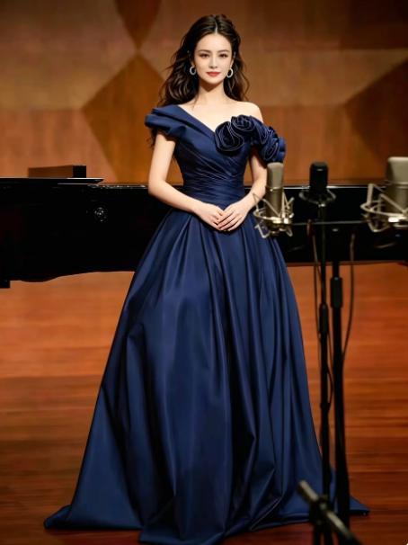 Silky Sleeveless Satin Corset Prom Gown ,Stunning Navy Maxi Evening Dress Ball Gown RS2077