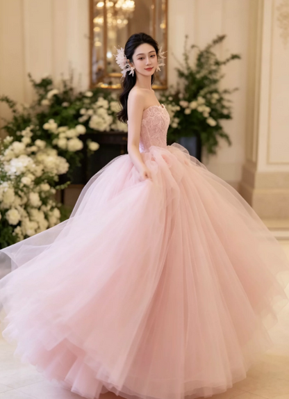 Puffy Sleeveless Tulle Corset Prom Gown ,Dreamy Pink Maxi Birthday Dress Ball Gown RS2078