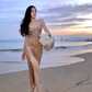 Sexy gold sequined suspender dress with slit hip-hugging holiday beach dress dress R1490