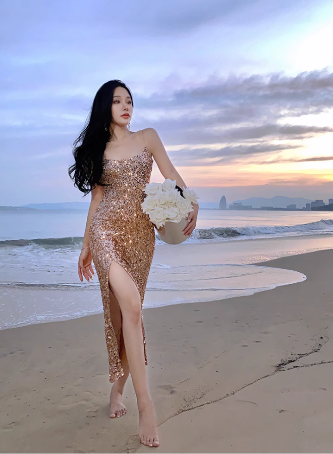 Sexy gold sequined suspender dress with slit hip-hugging holiday beach dress dress R1490