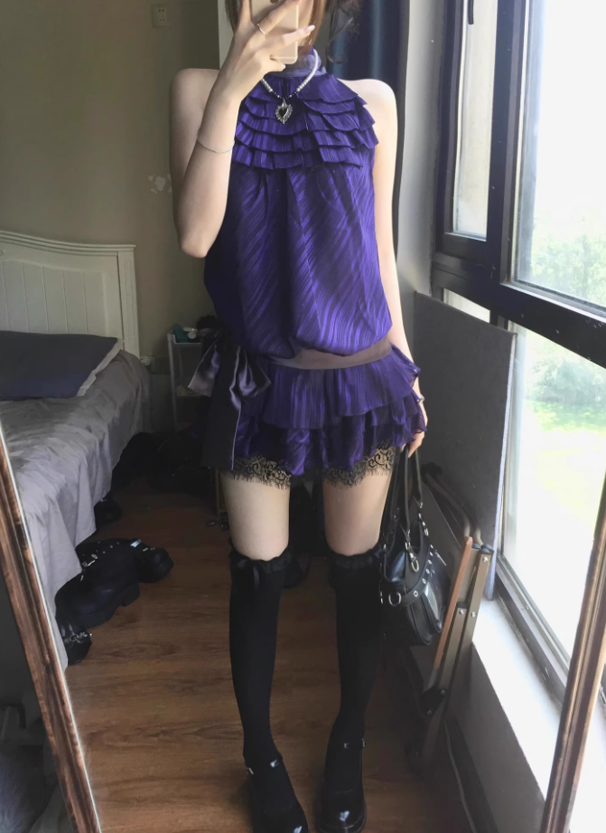 French purple satin lace halter neck dress for women summer beautiful waist cake short skirt R3594