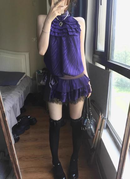 French purple satin lace halter neck dress for women summer beautiful waist cake short skirt R3594