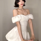 French style white one shoulder dress female temperament waist princess flower bud puffy skirt R3595