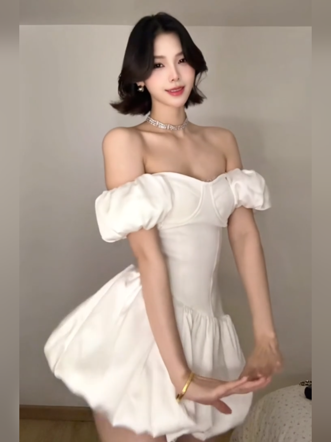 French style white one shoulder dress female temperament waist princess flower bud puffy skirt R3595