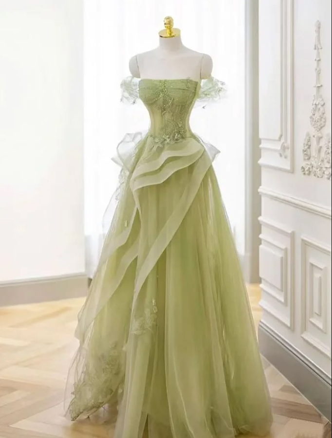 Tulle Sleeveless Embroidered Corset Prom Gown ,Fresh Green Maxi Evening Dress Ball Gown RS2083