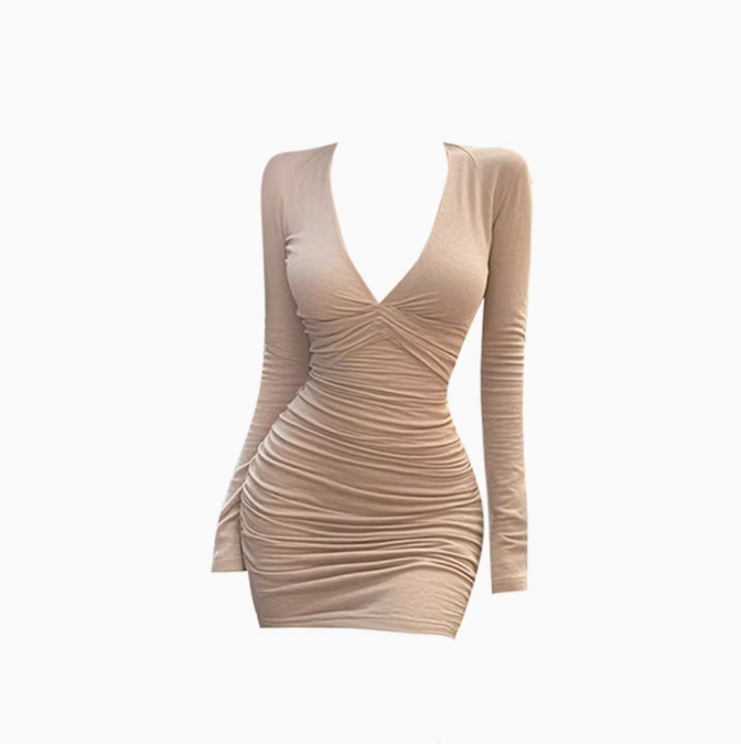 Sexy hot girl deep V neck long sleeve dress 2025 temperament pleated waist hip skirt R1125