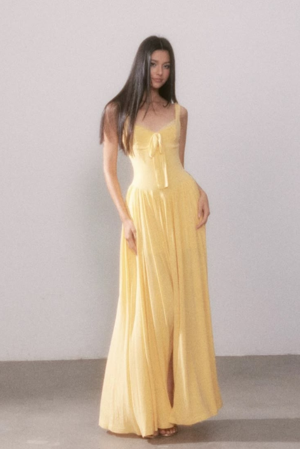 Flowy Sleeveless Chiffon Corset Prom Gown ,Vibrant Yellow Maxi Summer Dress Cami Dress RS2085